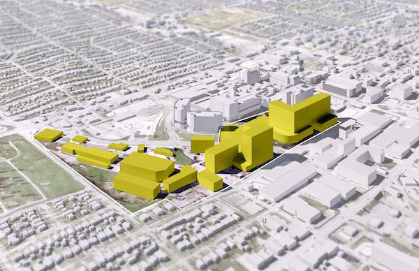 UNMC校园NeXT推荐个买球的app官网效果图，新建筑以黄色突出显示.